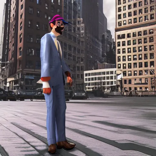 Image similar to hyperrealistic dslr film still of waluigi in nyc, stunning 8 k octane comprehensive 3 d render, inspired by istvan sandorfi & greg rutkowski & unreal engine, perfect symmetry, dim volumetric cinematic lighting, extremely hyper - detailed, extremely lifelike attributes & texture, intricate, masterpiece, artstation, stunning