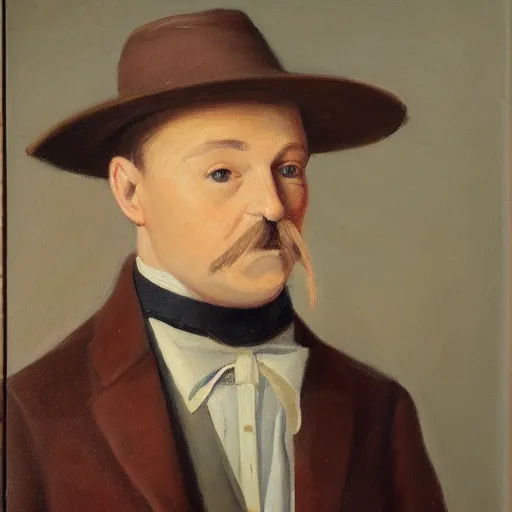 Prompt: portrait of a british man in a flat hat, a small mustache, and a nice brown suit, oil painting