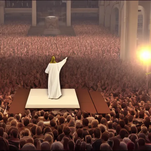 Image similar to jesus christ rapping on a podium to a crowd of people, 4 k image, hd, high res, unreal engine, medieval