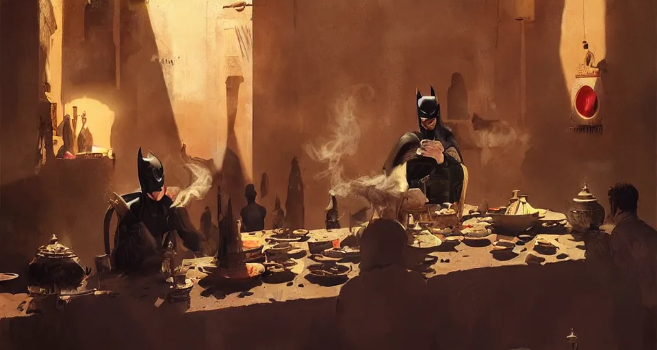 Prompt: Batman eat tajine in fez morrocco, digital art,ultra realistic,ultra detailed,art by greg rutkowski