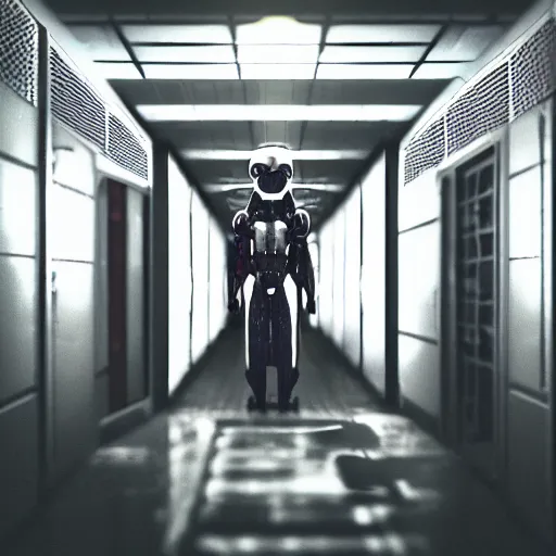Image similar to symmetrical anthropomorphic android working in sci - fi server room. cinematic shot from alien isolation