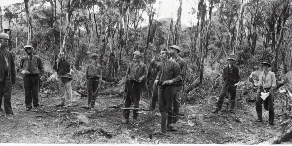 Image similar to louis theroux interviewing kauri loggers at great barrier island, new zealand 1 9 2 0's