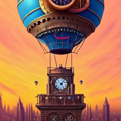 Image similar to a stunning fantasy scene of a steampunk hot - air balloon flying over an art deco city with a clock - tower | highly detailed | very intricate | disney pixar | steampunk | dramatic romantic epic breathtaking whimsical magical | bokeh moon stars | professional cinematic lighting | artdeco | painted by beeple and rhads and donato giancola | bold color palette | featured on artstation