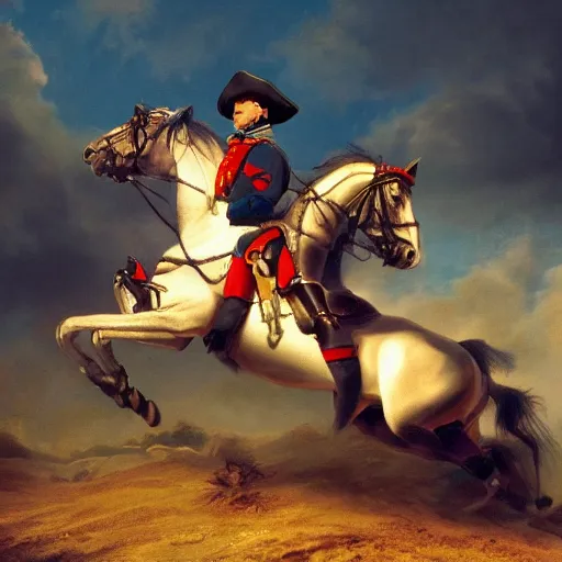 Prompt: gopro picture of napoleon on his horse fighting in waterloo, trending artstation, hyper realistic, very detailed, dramatic scene, realistic lighting, anime, 4 k