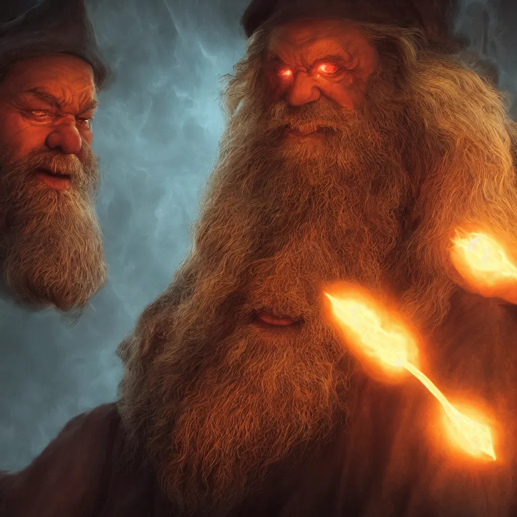 Image similar to Photorealistic cinematic close-up portrait of one angry dwarf wizard casting a fireball spell, by Larry Elmore and Steven Belledin . Magical occult photorealism, UHD, amazing depth, glowing, golden ratio, 3D octane cycle unreal engine 5, volumetric lighting, cinematic lighting, cgstation artstation concept art