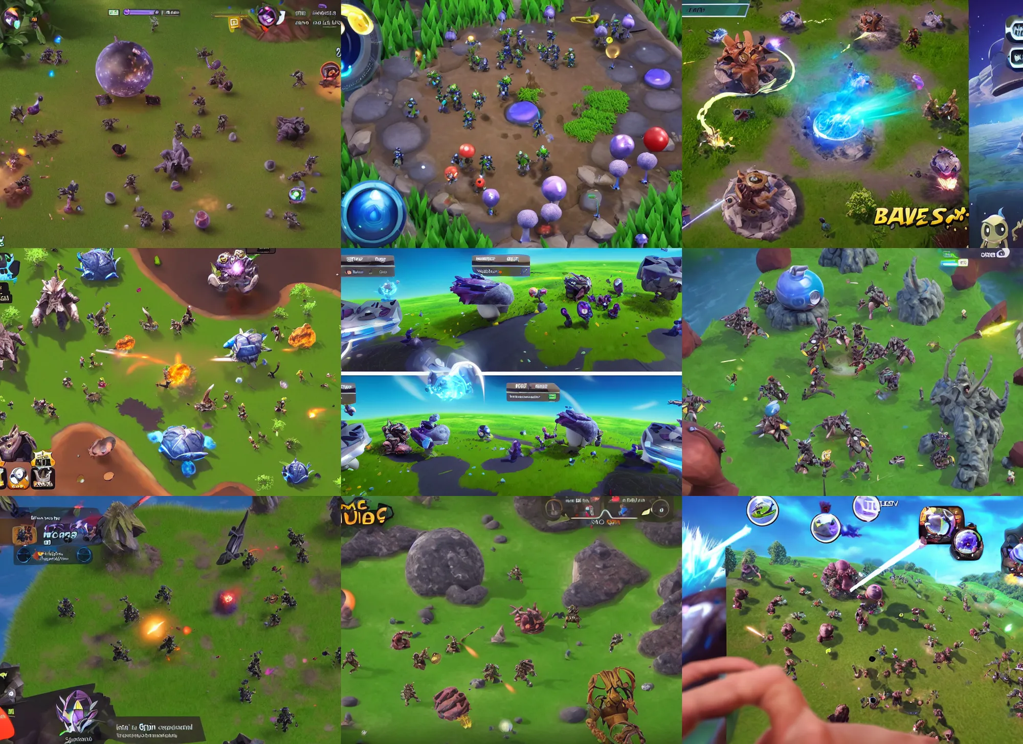 Prompt: epic fight between last two squads in mobile battle royale game about cute alien little animals that landed on a planet with different biomes, craters, alien capsules, bushes in the visual style of Spore and Eternal Cylinder, world curvature, game overlay, hp mp stamina bars, 3rd person camera, overhead view, over-the-shoulder