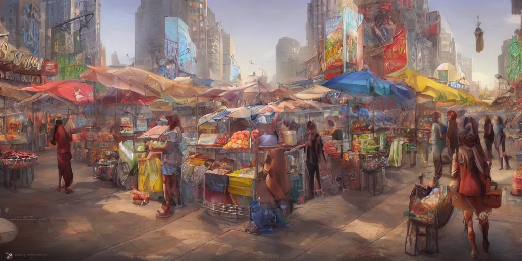 Prompt: an concept art, street vendors, makeshift stalls, fantasy, ultra realistic, style by dylan cole and artgerm, matte painting, trending in artstation, cgsociety