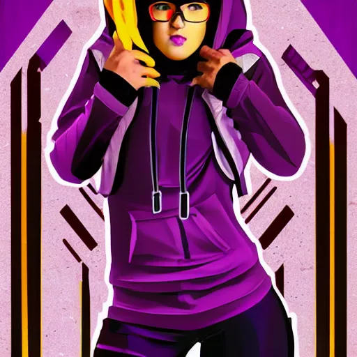 Image similar to poster artwork, sci fi, a female, full body, black hoodie techie, black hair with purple streaks, 8 k