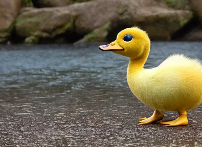 Image similar to real life pokemon psyduck, adorable, wet, ultra realistic, sharp beak, near a river, golden hour, sharp focus