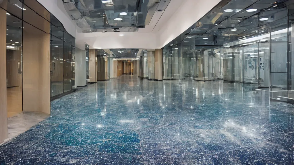 Image similar to biopunk lustrous lift floor in a bright lobby, iso 2 0 0