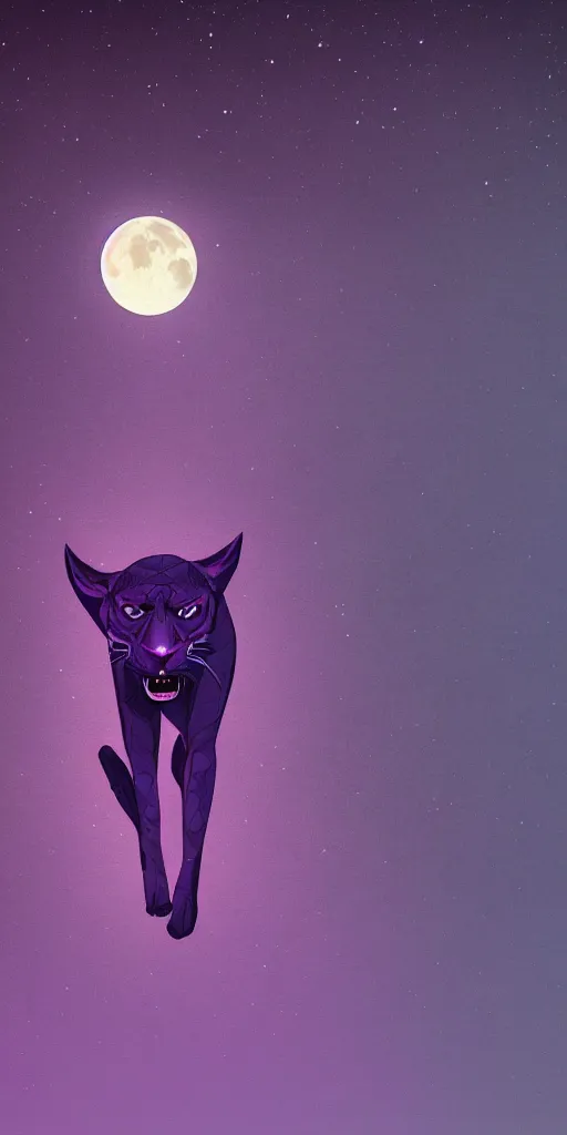 Image similar to high quality render of a purple colored panther roaring at night. large moon in the center of the background. digital drawing, illustration, 4 k, render, matte, highly detailed, artstation, realistic, dramatic, darkness, moon.