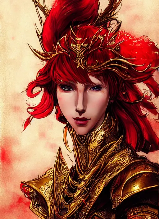 Prompt: Half body portrait of a handsome young red haired elven princess warrior wearing red and gold ornate leather armour and golden tiara. In style of Yoji Shinkawa and Hyung-tae Kim, trending on ArtStation, dark fantasy, great composition, concept art, highly detailed.