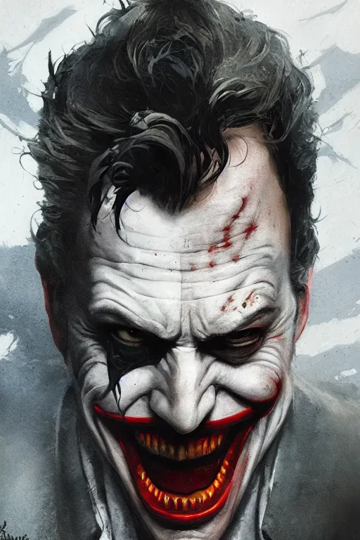 Image similar to Portrait of Ben Affleck as Joker, dc comics, dark, intricate, highly detailed, smooth, artstation, digital illustration by Ruan Jia and Mandy Jurgens and Artgerm and Wayne Barlowe and Greg Rutkowski and Zdislav Beksinski