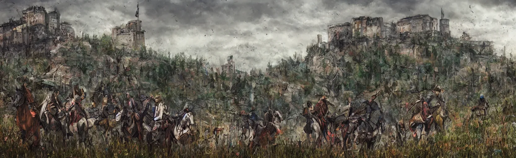 Prompt: horseback knights at scenic overlook; cloudy, grey skies, walled fort city deteriorating office buildings in background on hill; forest; la Bastille, post apocalyptic, grungy; colorful, artstation