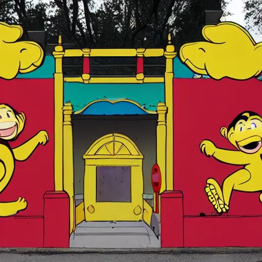 Prompt: the entrance facade of a curious george haunted house