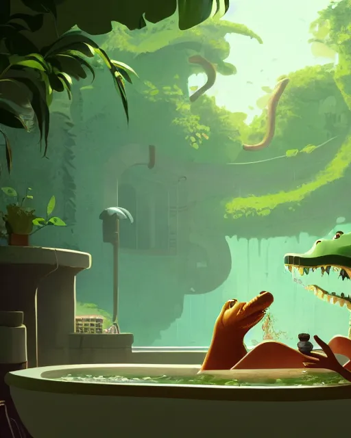 Prompt: a crocodile smoking a pipe while taking a bath in a well with lush vegetation around, cory loftis, james gilleard, atey ghailan, makoto shinkai, goro fujita, character art, rim light, exquisite lighting, clear focus, very coherent, plain background, soft painting