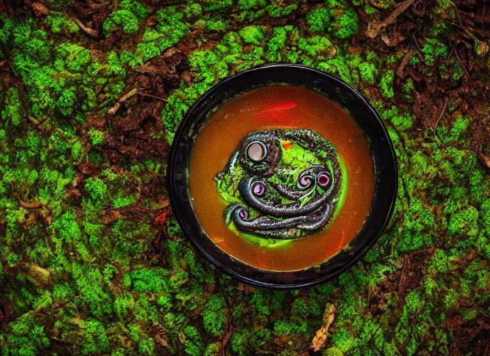 Image similar to dslr photograph of a bowl eldritch horror soup filled with tentacles and eyeballs on a mossy sewer floor, 8 5 mm f 1. 8