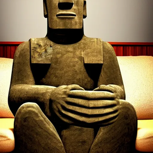 Prompt: Moai statue sitting on a couch playing video games