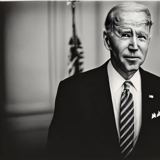 Prompt: photo of Joe Biden by Diane Arbus, black and white, high contrast, Rolleiflex, 55mm f/4 lens