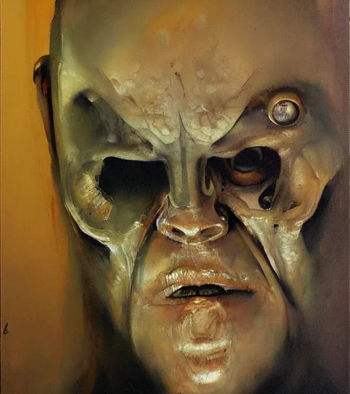 Prompt: beautiful oil clean painting biomechanical portrait of human by phil hale, wayne barlowe, rembrandt