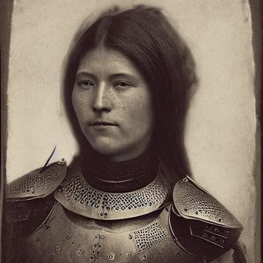 Prompt: head and shoulders portrait of a female knight, inuk!, lorica segmentata, cuirass, tonalist, symbolist, realistic, ambrotype, baroque, detailed, modeled lighting, vignetting, indigo and venetian red, angular, smiling, eagle