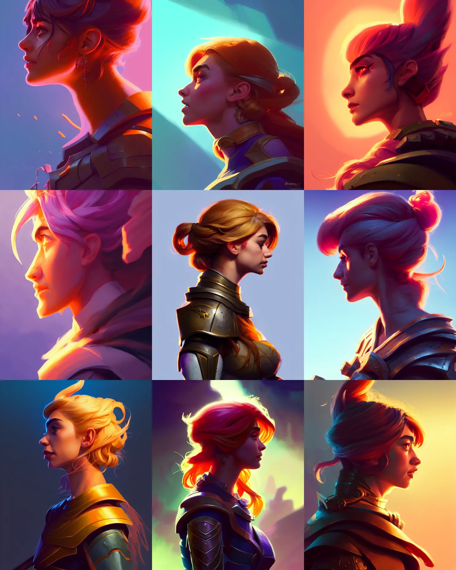 Prompt: side - profile painted portrait, imogen poots as a paladin, bright backlit, key lighting, smooth, gaudy colors, maya render, octane render aesthetic, dota matte painting concept art, official fanart behance hd artstation by jesper ejsing, lois van baarle, ilya kuvshinov