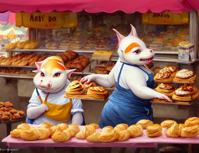 Prompt: a cute painting, one adorable very short fat obese kobold wearing an apron is happily selling delicious pastries at her stall in the market at kragkash, intricate, highly detailed, artstation, concept art, smooth, sharp focus, colorful scene, art by artgerm and greg rutkowski and wlop