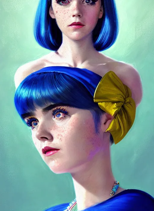 Image similar to portrait of kiernan shipka with freckles, white hair, big 1 9 6 0 s bob hairstyle with bangs and hairband, blue 1 9 6 0 s dress, intricate, elegant, glowing lights, highly detailed, digital painting, artstation, concept art, smooth, sharp focus, illustration, art by wlop, mars ravelo and greg rutkowski