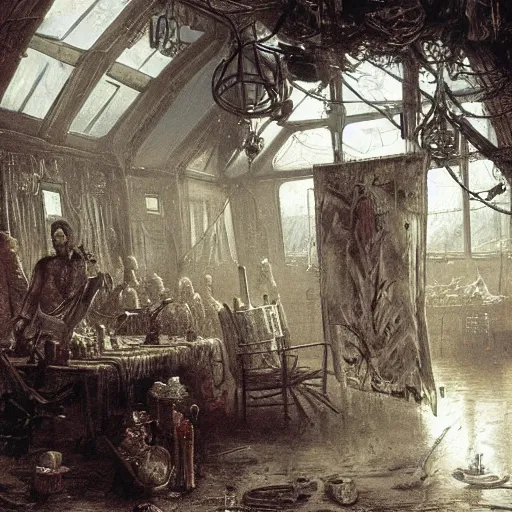 Image similar to painting hr giger tent in a room, floral ornaments light beams night, scene from fightclub movie, andreas achenbach