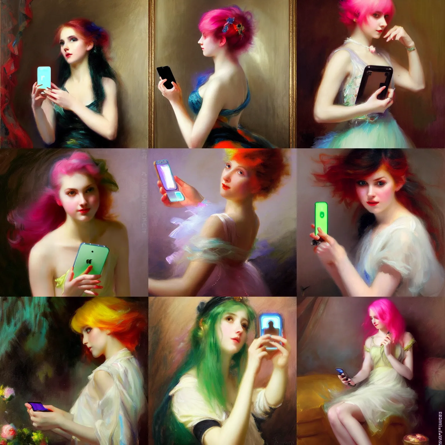 Prompt: pale emo girl with neon hair holding an iphone, by vladimir volegov and alexander averin and delphin enjolras and daniel f. gerhartz