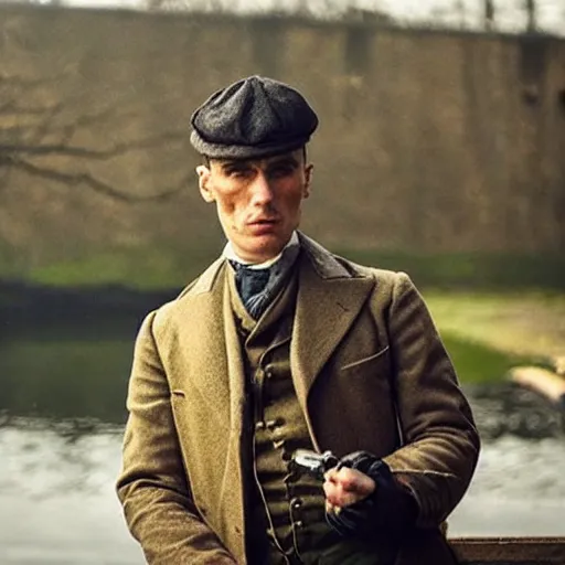 Image similar to “thomas shelby from peaky blinders, smoking a cigarrette and looking at the river”