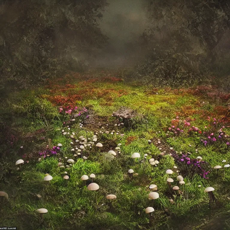 Image similar to a planet of various fungus, mushrooms, flowers and plants, inside the picture is infinity, Atmospheric, artistic photography, conceptual, long exposure outside the city, volumetric light