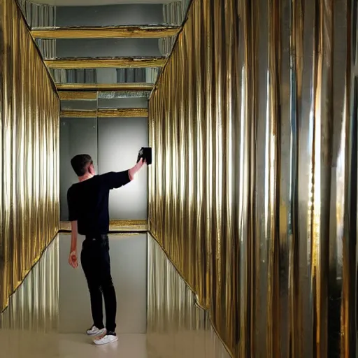 Prompt: a man taking a selfie in front of a large mirror wall, a tilt shift photo by leandro erlich, featured on cg society, kitsch movement, hall of mirrors, high dynamic range, studio portrait