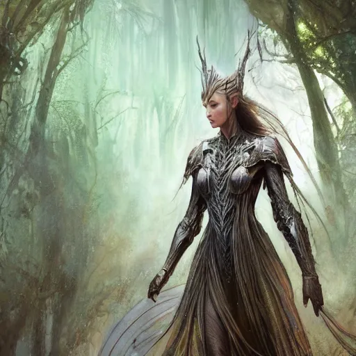 Prompt: Gorgeous Galadriel in armour standing in a fantastical machine forest, highly detailed, half fractal face, cinematic, 8k, by Stanley Artgermm, Tom Bagshaw, Greg Rutkowski, Carne Griffiths, Ayami Kojima, Beksinski, Giger, trending on DeviantArt, hyper detailed, full of color, digital art,