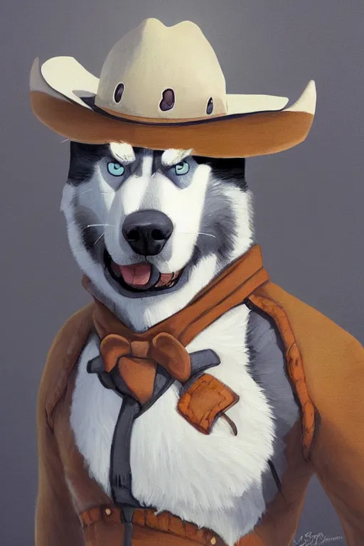 Image similar to a portrait painting of a husky in cowboy costume, wearing a cowboy hat, by studio ghibli, in the style of anime, [ red dead ], humanoid, personify, anthropomorphic, trending on artstation