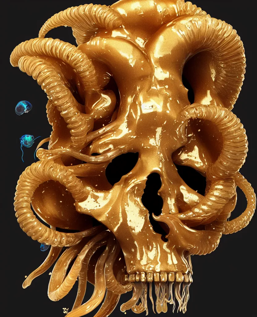 Image similar to black background. goddess princess face close-up portrait ram skull. sculpture made of gold and brilliants. jellyfish phoenix head, nautilus, orchid, skull, betta fish, bioluminiscent creatures, intricate artwork by Tooth Wu and wlop and beeple. octane render, trending on artstation, greg rutkowski very coherent symmetrical artwork. cinematic, hyper realism, high detail, octane render, 8k