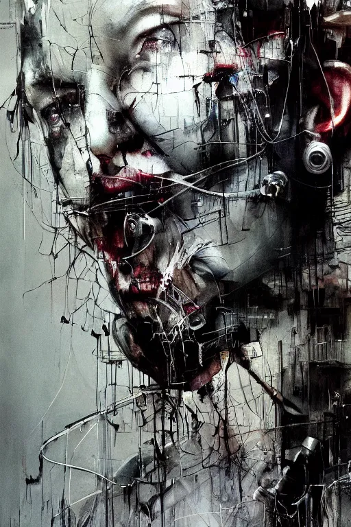 Image similar to screaming cyberpunk, wires, machines by emil melmoth zdzislaw belsinki craig mullins yoji shinkawa realistic render ominous detailed photo atmospheric by jeremy mann francis bacon and agnes cecile ink drips paint smears digital glitches glitchart