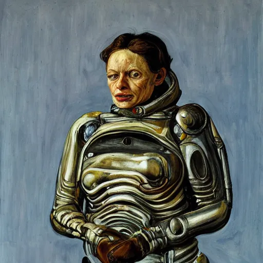 Image similar to high quality high detail painting by lucian freud, hd, woman with scifi suit