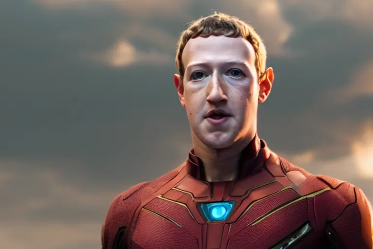 Image similar to film still of Mark Zuckerberg as Vision with yellow mindstone in forehead in Avengers Endgame, 4k