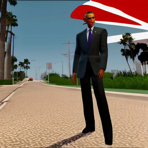 Image similar to screenshot of barack obama in gta vice city, good graphic, highly detailed, rtx engine, nvidia geforce