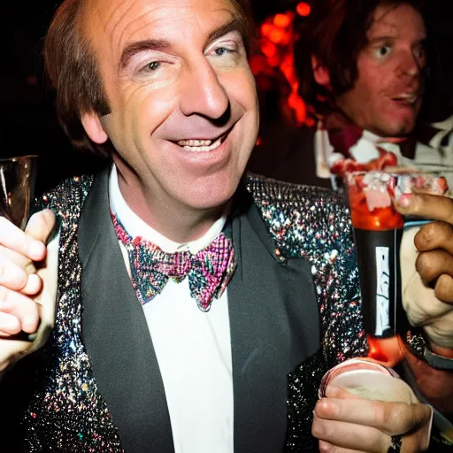 Prompt: close-up photo of Saul Goodman drunk in a disco