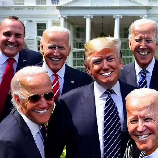 Image similar to donald trump poses with joe biden lookalikes in front of the white house as a protest, sunny day, detailed, detailed faces