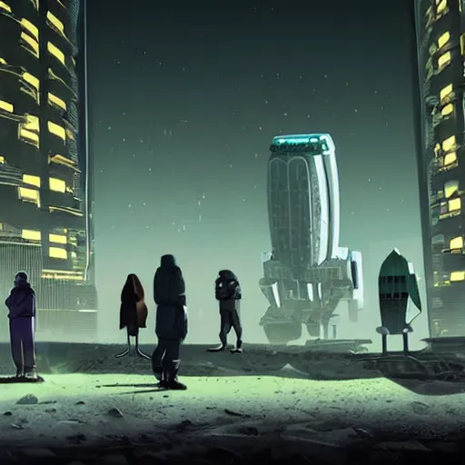 Image similar to odd looking citizens and vehicles in a high rise apartment neighborhood on the Moon, long shadows, holographic trees in a Russian cyberpunk city called Neo Kudrovo on the Moon, pitch black sky with stunning bright stars, bright sun, high contrast, black sky full of stars, holograms, blinding bright sun, sci-fi, cyberpunk outfits, photorealistic, grainy, 35mm, intricate, very very beautiful, elegant, smooth, cinematic, Unreal Engine 5