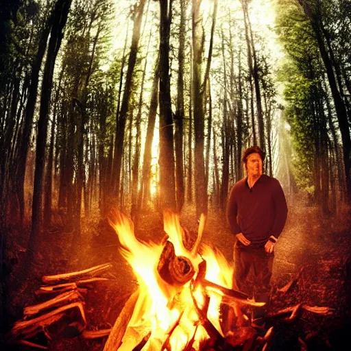 Image similar to extreme log shot, man vs wild, hugh grant, born survivor, face with beard, extreme, wide shot, sunset ligthing, forest and fear, worms, bonfire, art by anderson sophie,