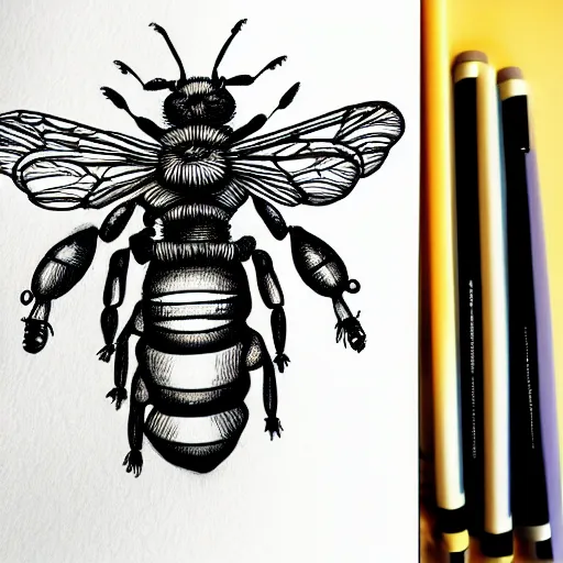 Prompt: hybrid of a bee and skeleton, pen illustration, 4k