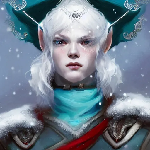 Prompt: half length portrait of a handsome male snow elf in a turquoise cape and silver ornate armour as an archer, albino skin, winter vibes, perfect face, elegant, very coherent symmetrical artwork, atmospheric lighting, rule of thirds, by wenjun lin, krenz cushart, charlie bowater, trending on artstation