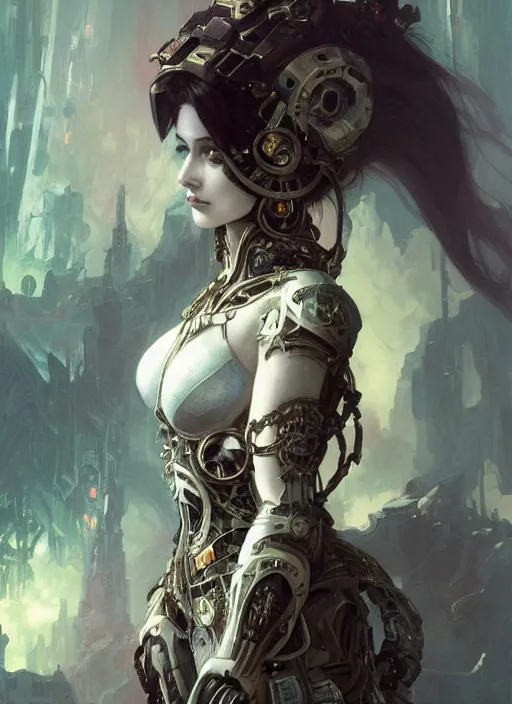 Image similar to portrait of beautiful pale gothic maiden, warhammer 40000, cyberpunk, intricate, elegant, highly detailed, digital painting, artstation, concept art, smooth, sharp focus, illustration, art by artgerm and greg rutkowski and alphonse mucha and Gustav Klimt