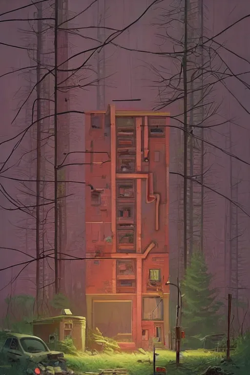 Image similar to (((((a ramshackle manhattan brick brownstone deep in the forest))))) by Simon Stalenhag!!!!!!!!!!!!!!!!!!!!!!!!!!!