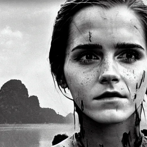 Image similar to film still, close up, emma watson rising out of muddy vietnam river, face covered in mud, low camera angle at water level, night time, film still from apocalypse now ( 1 9 7 9 ), 2 6 mm