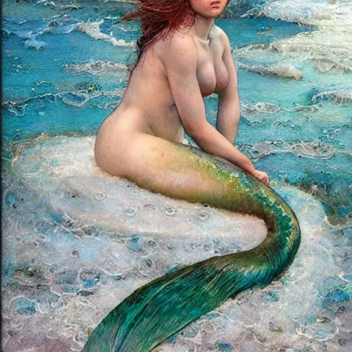 Image similar to beautiful mermaid emerging from the ocean, art by Edgar Maxence and Ross Tran and Michael Whelan